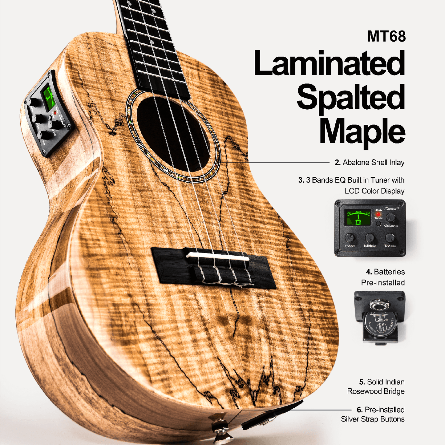 Caramel MT68 Spalted Maple High Light Tenor Acoustic & Electric Ukulele